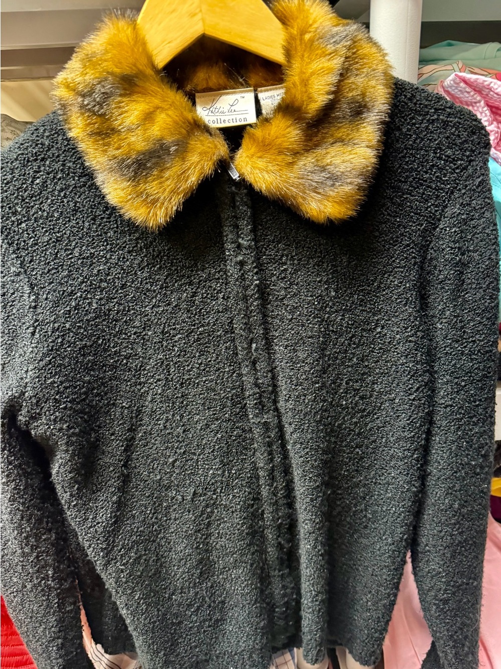 Y2K. Black Bouclé Jacket with Faux Fur Mustard Collar